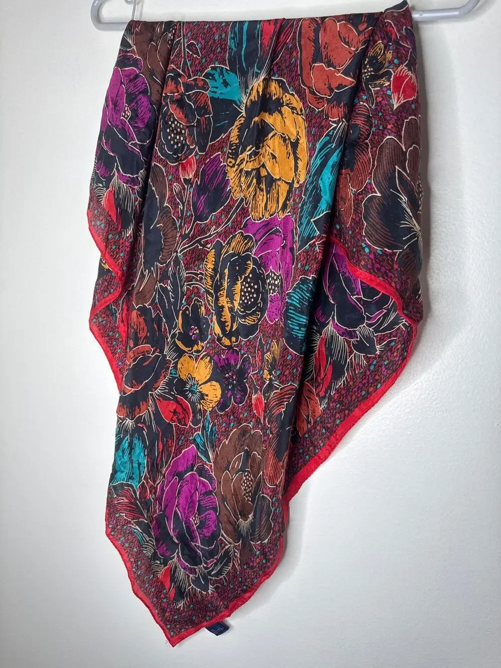 VTG Honey 100% Silk Scarf 30x30 Bold Jewel Tone Floral Rose Print Large Square